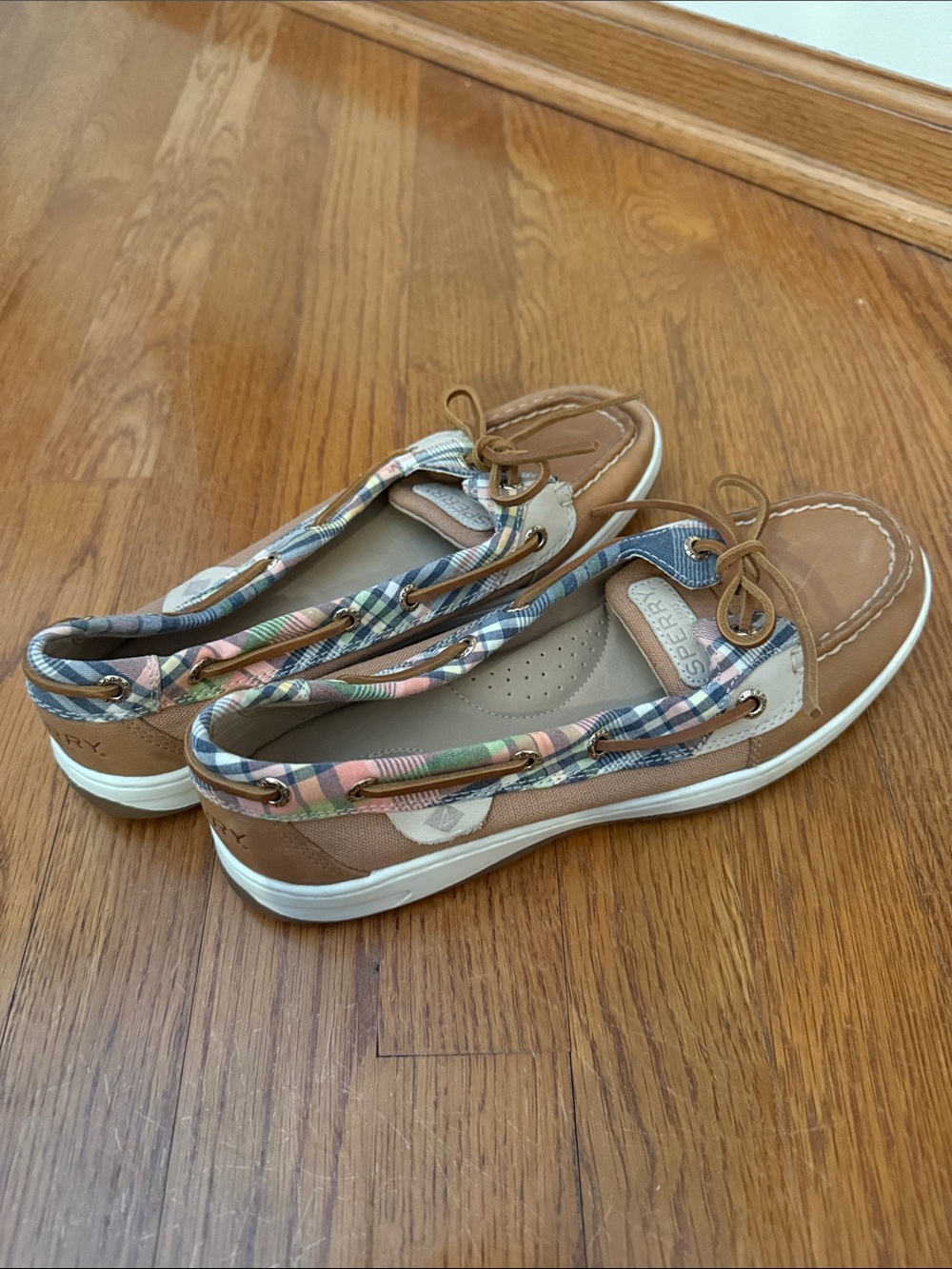 Sperry Tan Boat Shoes with Multicolor Plaid Trim